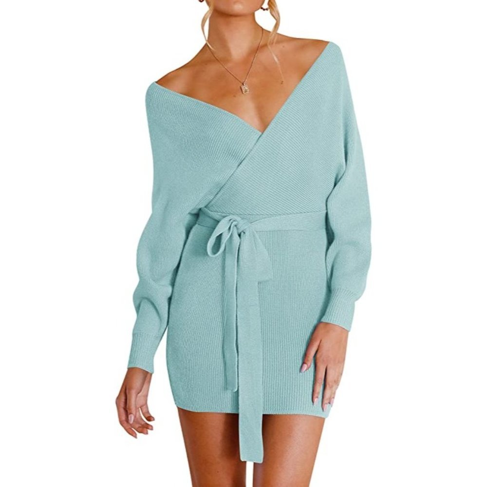 Women's Aqua Blue V Neck Knitted Sweater Dress